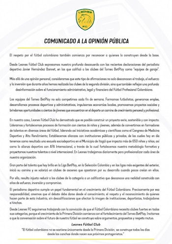 Este fue el comunicado que sacó el equipo Leones F.C. en respuesta a Javier Hernández Bonnet por haberlo llamado como "Equipo de garaje" - crédito Leones F.C.