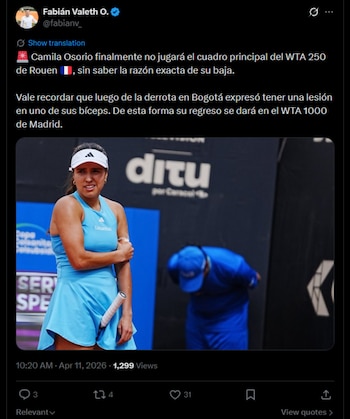 La tenista colombiana no aparecerá en el cuadro principal del torneo francés, posiblemente debido a molestias físicas, y ya tiene en la mira su regreso para el exigente WTA 1000 de Madrid la semana del 21 de abril de 2026-crédito @fabianv_/X