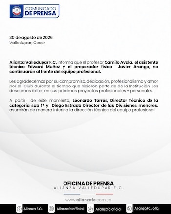 Comunicado de prensa de Alianza FC anunciando la salida de Camilo Ayala como entrenador - crédito Alianza FC