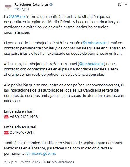Captura de pantalla del comunicado de la Secretaría de Relaciones Exteriores publicado en redes (X: @SRE_mx)