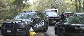 Vehículos policiales de Southampton Town estacionados en una carretera rodeada de árboles. Un SUV Ford Explorer negro y un hidrante amarillo son visibles en primer plano