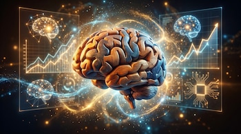 Un cerebro tridimensional central. Pantallas transparentes muestran gráficos de datos, circuitos electrónicos y representaciones de cerebros con redes