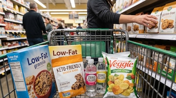 Primer plano de un carrito de supermercado con granola 'baja en grasa', barras 'keto-friendly', agua 'cero calorías' y chips orgánicos. Una persona toma un producto 'gluten-free' de la estantería.