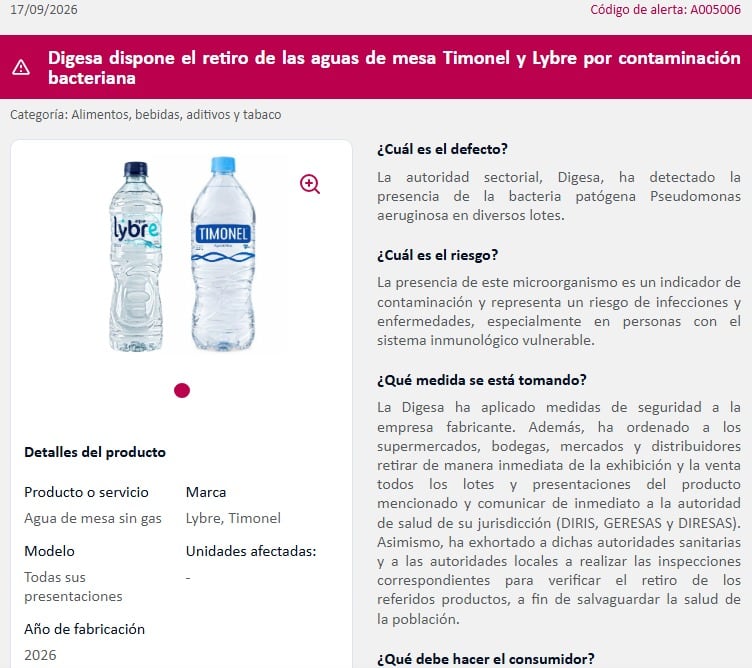 Digesa advirtió que la Pseudomonas aeruginosa es un indicador de contaminación y puede causar infecciones, en especial en personas con el sistema inmunológico debilitado.