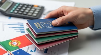 Mano adulta sostiene cuatro pasaportes apilados: azul con el logo de la Unión Europea, verde y burdeos. Banderas de Portugal y Nueva Zelanda, calculadora y papeles con gráficos.