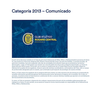Comunicado oficial de Rosario Central en un fondo blanco, con el logo del club y el texto 'Categoría 2013 - Comunicado' seguido de detalles sobre acciones tomadas