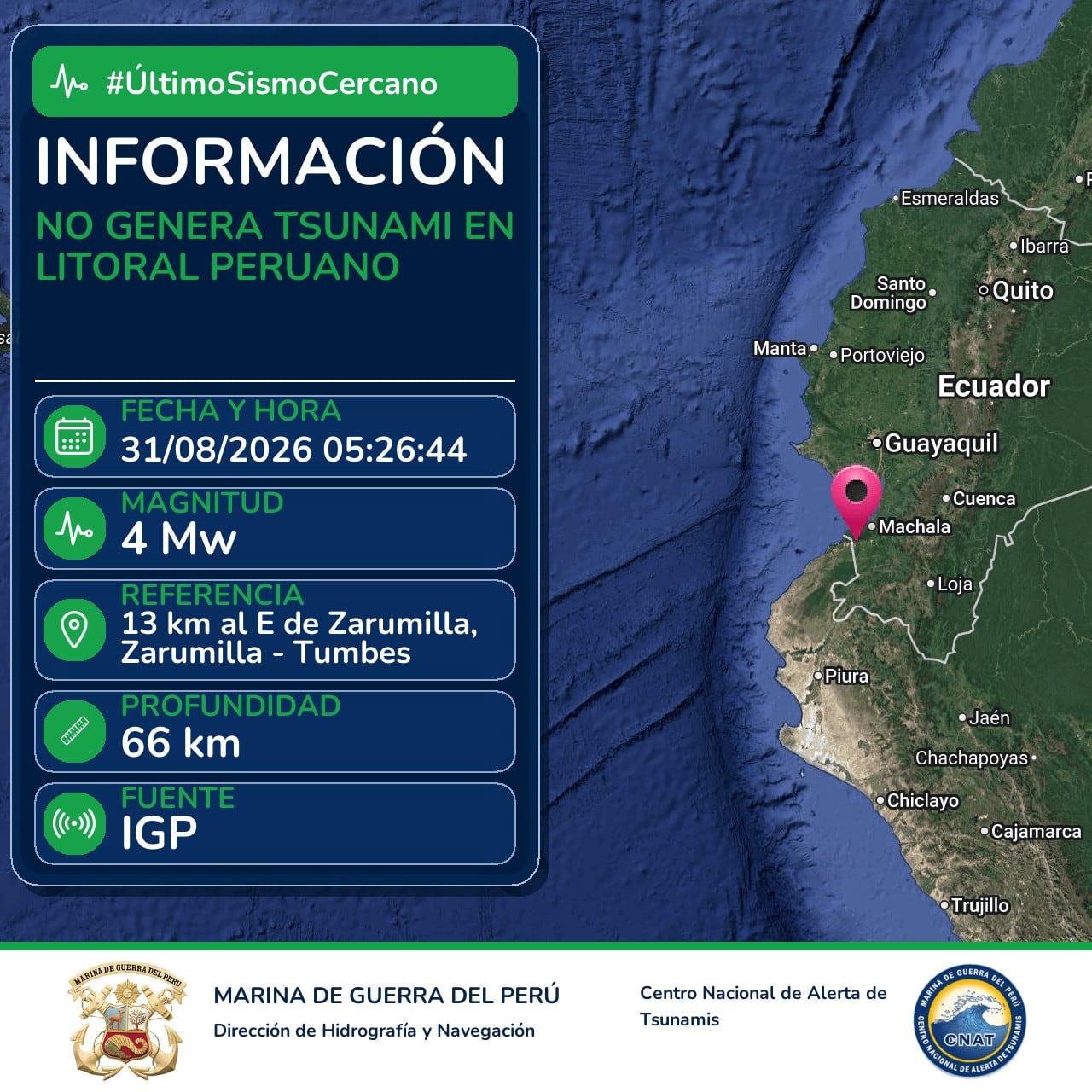 La Dirección de Hidrografía y Navegación descartó la alerta de tsunami tras un sismo de magnitud 4 registrado en Zarumilla, Tumbes. (DHN / Marina de Guerra)