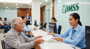 Un hombre mayor en silla de ruedas recibe documentos de una empleada del IMSS con una camisa azul y credencial. Se observa el logo de IMSS al fondo.
