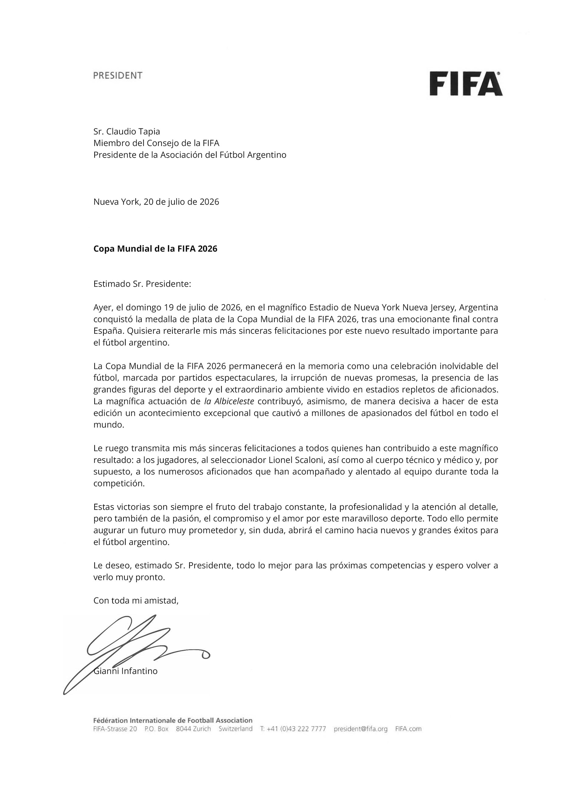 La carta de Gianni Infantino a la selección argentina