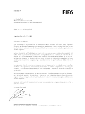 carta de Gianni Infantino a la selección argentina