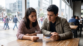 Un hombre y una mujer sentados a una mesa de madera observan un recibo de papel y una tarjeta bancaria cerca de un ventanal