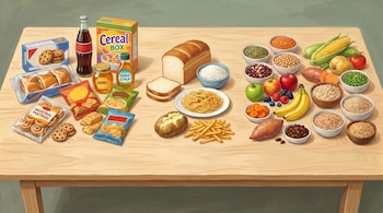 Mesa con diversos alimentos: galletas, pastelitos, refresco, cereales, pan, pasta, patatas, frutas, verduras, legumbres, granos y miel.