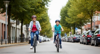 Madre e hijo, ambos sonrientes y con casco, montan sus bicicletas por una calle urbana. Se ven árboles, edificios bajos y coches estacionados a los lados.