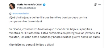 María Fernanda Cabal afirmó que las restricciones deberían ir direccionadas a los grupos armados, antes que al Estado colombiano - crédito @MariaFdaCabal/X