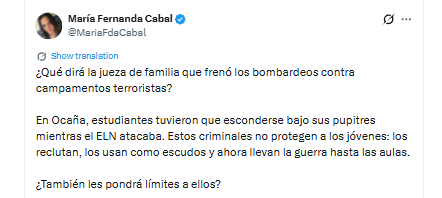 María Fernanda Cabal afirmó que las restricciones deberían ir direccionadas a los grupos armados, antes que al Estado colombiano - crédito @MariaFdaCabal/X