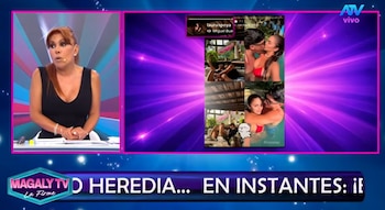 Presentadora Magaly Medina sentada en set de televisión; pantalla dividida con fotos de Laura Spoya junto a un hombre, logos ATV y Magaly TV La Firme