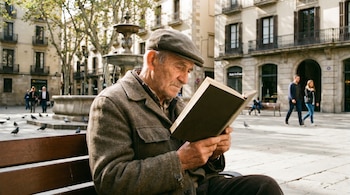 Un anciano con gorra y chaqueta se sienta en un banco leyendo un libro de tapa dura lisa en una plaza adoquinada con una fuente y edificios históricos de fondo.