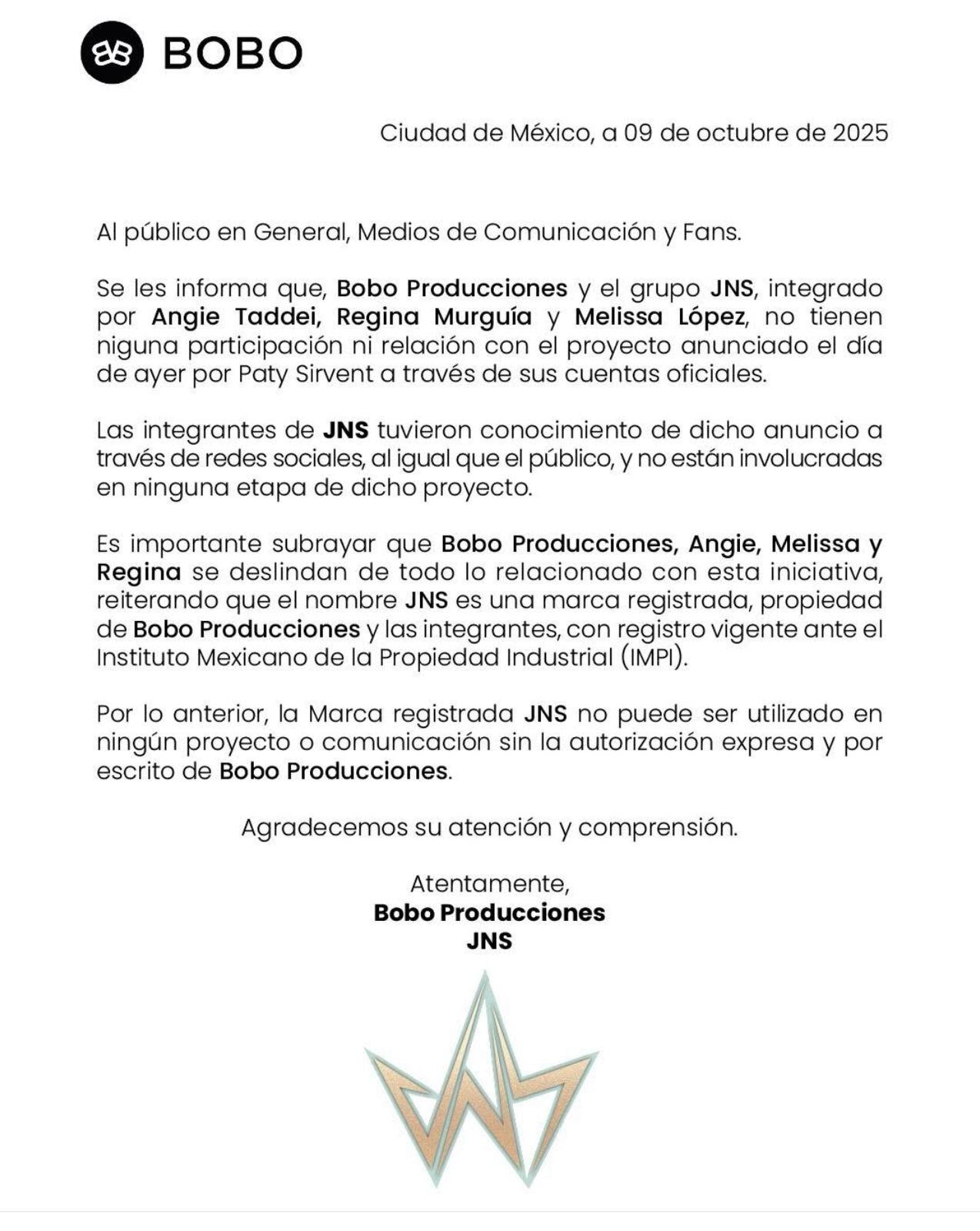 JNS se deslinda del proyecto anunciado por Paty Sirvent y advierte sobre el uso de la marca (Bobo)