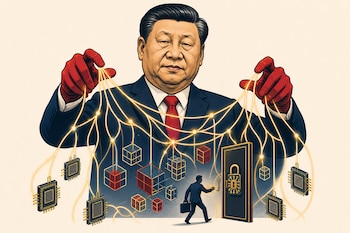 Ilustración de Xi Jinping manejando hilos luminosos conectados a microchips, cubos de datos y una persona ante una puerta con candado.