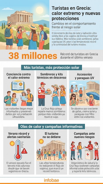 Infografía con ilustraciones de turistas en la Acrópolis de Atenas, datos sobre 38 millones de visitantes y medidas de prevención solar.