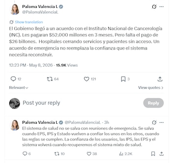 Según Valencia, varias instituciones médicas están operando con restricciones debido a problemas de flujo de recursos y pago de nóminas - crédito @PalomaValenciaL/X