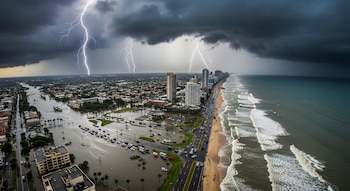 Vista aérea de una ciudad costera parcialmente inundada con edificios, calles anegadas, vehículos y el océano. Nubes oscuras y relámpagos visibles.