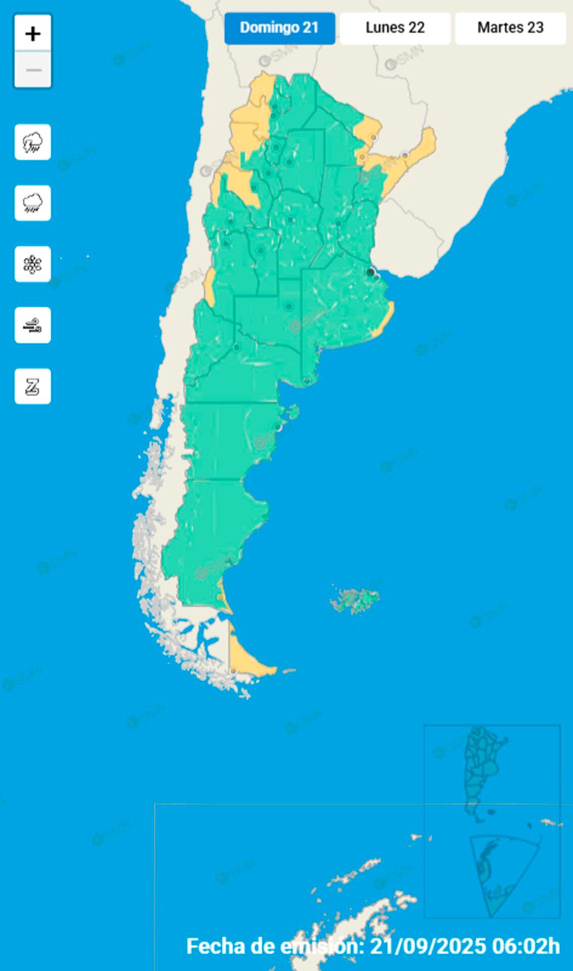 Las provincias afectadas por alertas amarillas.