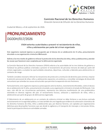 Comunicado oficial impreso de la Comisión Nacional de los Derechos Humanos con el logotipo institucional y texto en tinta negra y roja