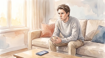 Persona con suéter gris sentada en un sofá sosteniendo una taza, con un teléfono inteligente sobre la mesa y una ventana a la izquierda.