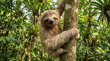 Un perezoso de pelaje pardo sujeta el tronco de un árbol cubierto de musgo entre follaje verde.