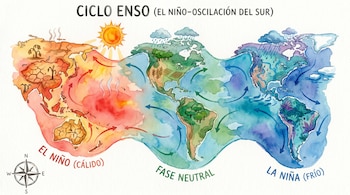 Mapa en acuarela del ciclo ENSO, mostrando tres fases: El Niño (rojo, con sequía), Fase Neutral (verde, con nubes y campos) y La Niña (azul, con lluvia y hielo).