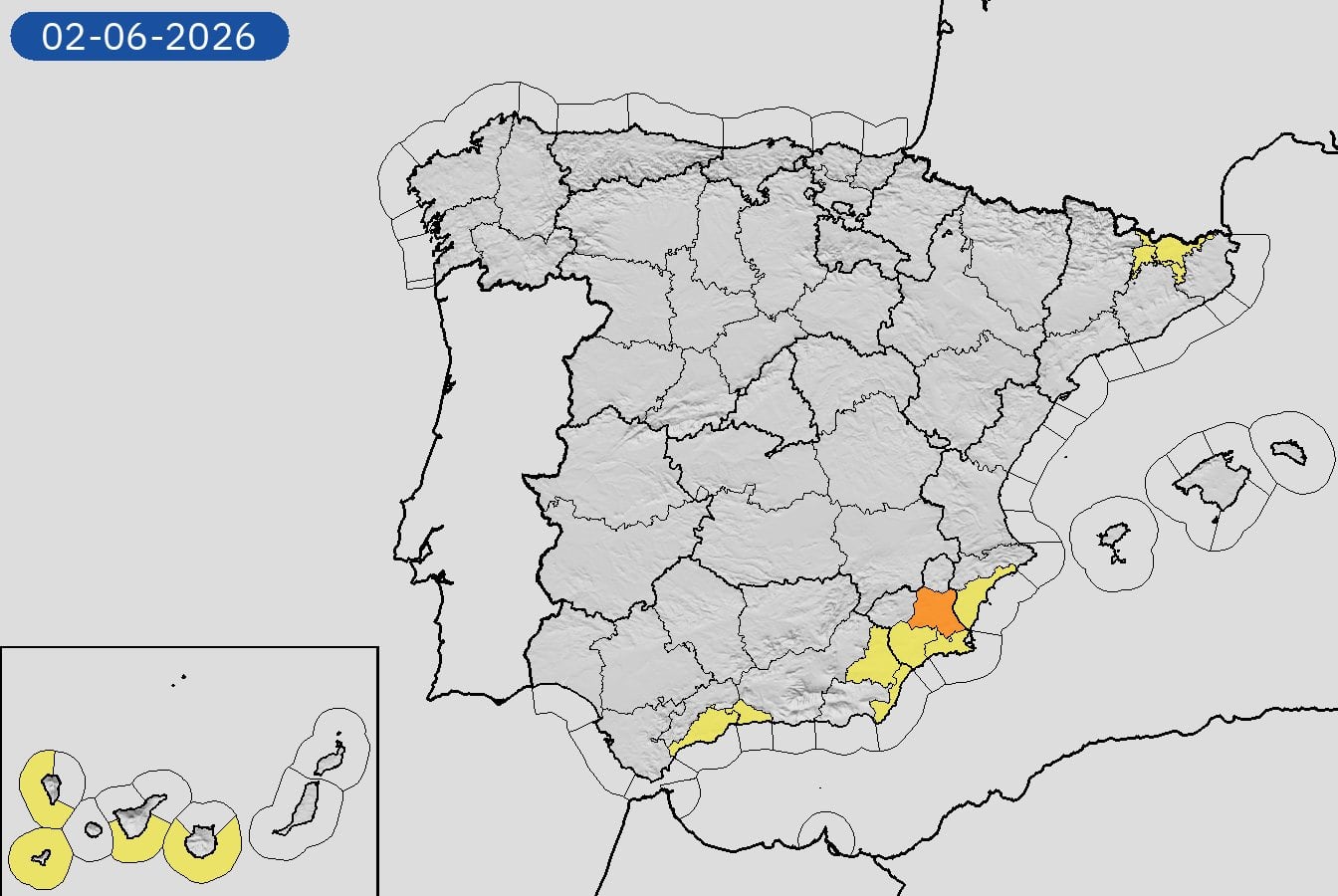 Mapa de alertas meteorológicas para este martes, 2 de junio de 2026. (Aemet)
