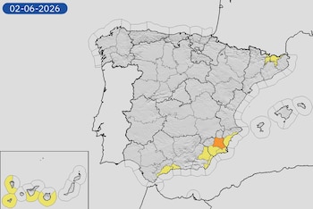 Mapa de alertas meteorológicas para este martes, 2 de junio de 2026. (Aemet)