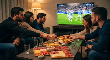 Cinco personas sentadas en un sofá. Una mesa de centro con embutidos, quesos, aceitunas, patatas fritas, palitos de pan y bebidas. Una televisión encendida.
