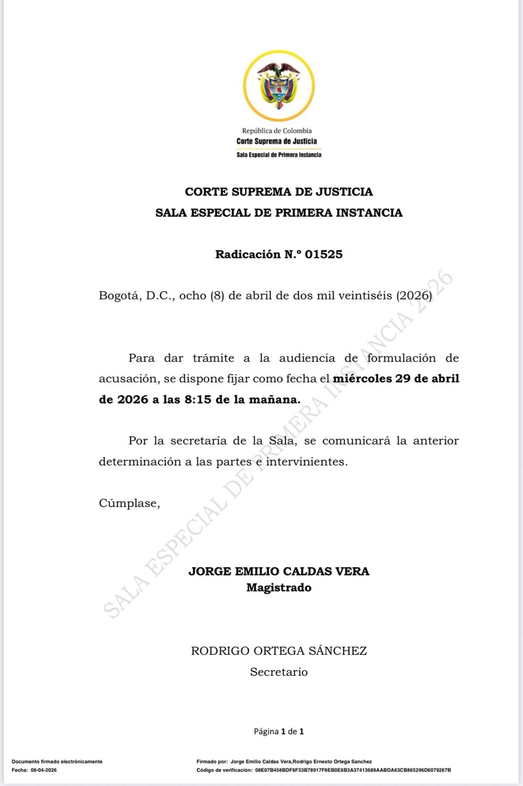La Corte Suprema de Justicia iniciará el 29 de abril de 2026 la audiencia de formulación de acusación contra los exministros Ricardo Bonilla y Luis Fernando - crédito Corte Suprema de Justicia
