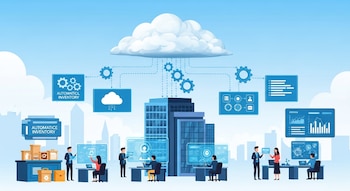 Ilustración de una empresa con una nube central conectada a oficinas donde trabajadores interactúan con pantallas holográficas y gestionan inventario automatizado y datos.