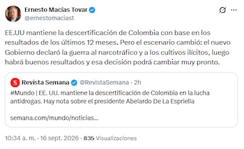 Ernesto Macías dijo que con la administración de Abelardo de la Espriella cambiarán los resultados de la lucha contra las drogas - crédito @ernestomaciast/X