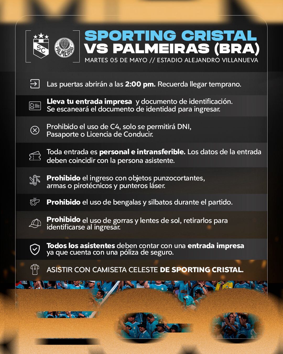 Las recomendaciones para que los hinchas de Sporting Cristal acudan al estadio Alejandro Villanueva de cara al choque con Palmeiras. - créditos: Sporting Cristal