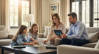 Familia de cuatro en una sala de estar, dos adultos y dos niñas, juegan un juego de mesa; el padre mira una tableta con gráficos financieros.