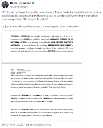 Para Daniel Briceño, la prohibición a Abelardo de la Espriella representó un “atropello” - crédito @Danielbricen/X