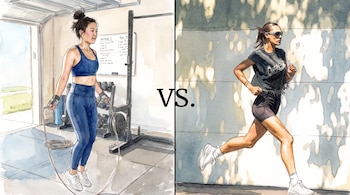 Ilustración de dos mujeres realizando ejercicio, una salta la cuerda en interior, la otra corre en exterior, separadas por un texto que dice 'VS'.