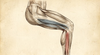 Ilustración de una pierna humana adulta de perfil, mostrando músculos del muslo y pantorrilla. El lateral del muslo es azul y la parte medial de la tibia es roja.