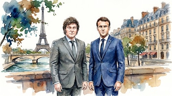 Ilustración en acuarela de Javier Milei y Emmanuel Macron, ambos en traje, posando frente a la Torre Eiffel y edificios de París.