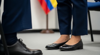 Pies de una mujer con pantalón azul marino y zapatos planos negros en suelo alfombrado. Se aprecian pies de otra persona y la bandera de Colombia al fondo.
