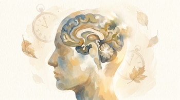 Ilustración acuarela de cabeza humana de perfil con cerebro visible en tonos suaves, rodeada de relojes difuminados y hojas caídas sobre papel texturizado.