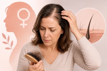 Una mujer revisa la pérdida de cabello en su cepillo y cuero cabelludo junto a ilustraciones sobre la menopausia y los folículos pilosos - crédito