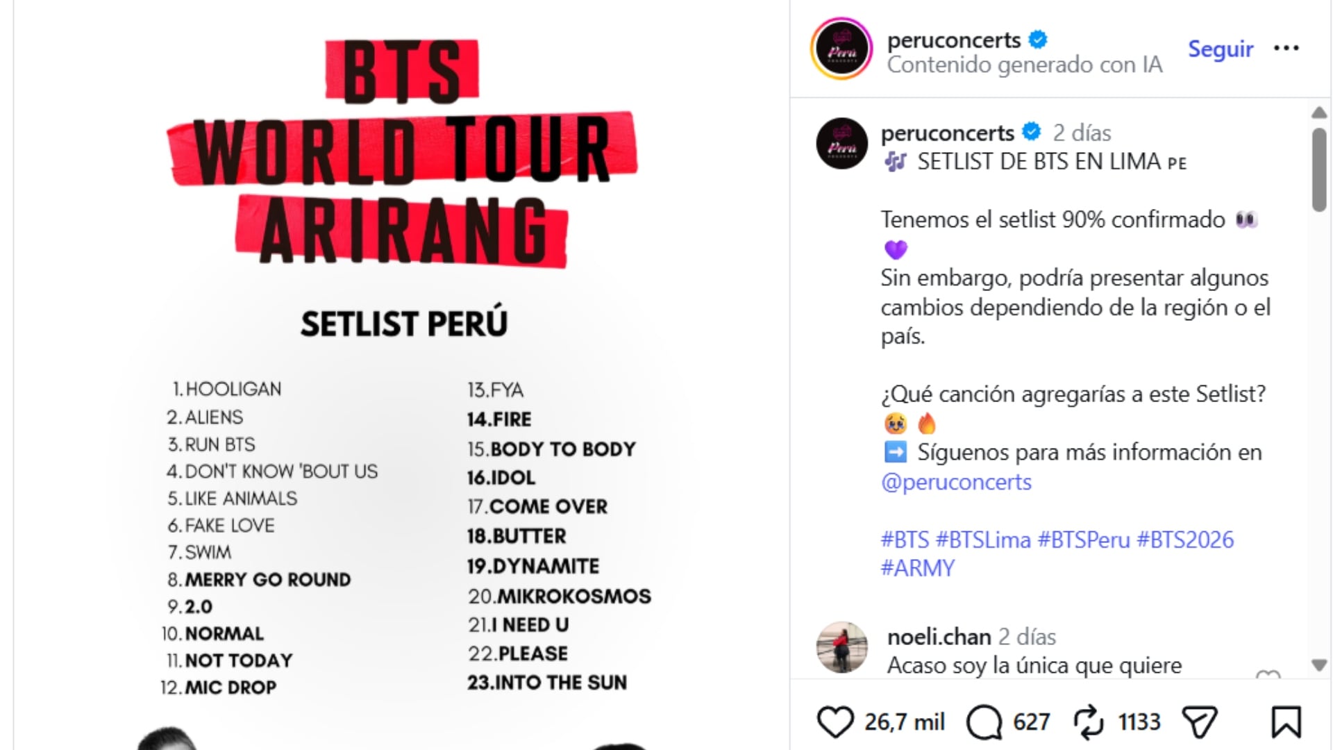 Setlist no es oficial, pero viene generando revuelo entre los fans de BTS.