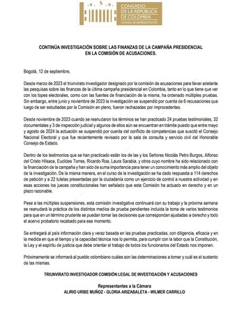 Comisión de Acusaciones informa que investigación a campaña del presidente Petro se reanudará - crédito @AlirioUribeMuoz