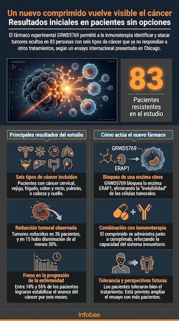Infografía médica con células microscópicas brillantes, el número 83 y diagramas de órganos. Explica resultados y mecanismo de un fármaco experimental contra el cáncer.