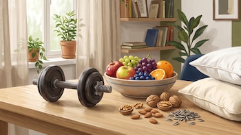 Mesa de madera con pesa negra, cuenco de frutas (manzanas, uvas, arándanos, naranja), nueces, almendras, semillas de girasol, almohadas. Ventana con cortinas y plantas. Estantes con libros y cuadros.
